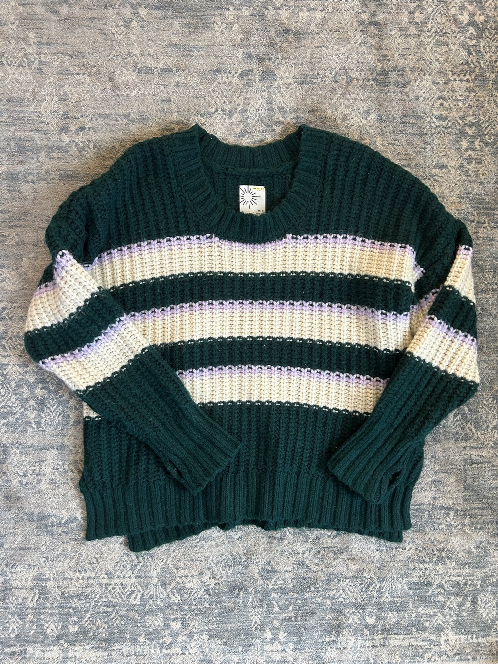 Offline by Aerie Striped Crewneck Sweater in Dark Green and Cream